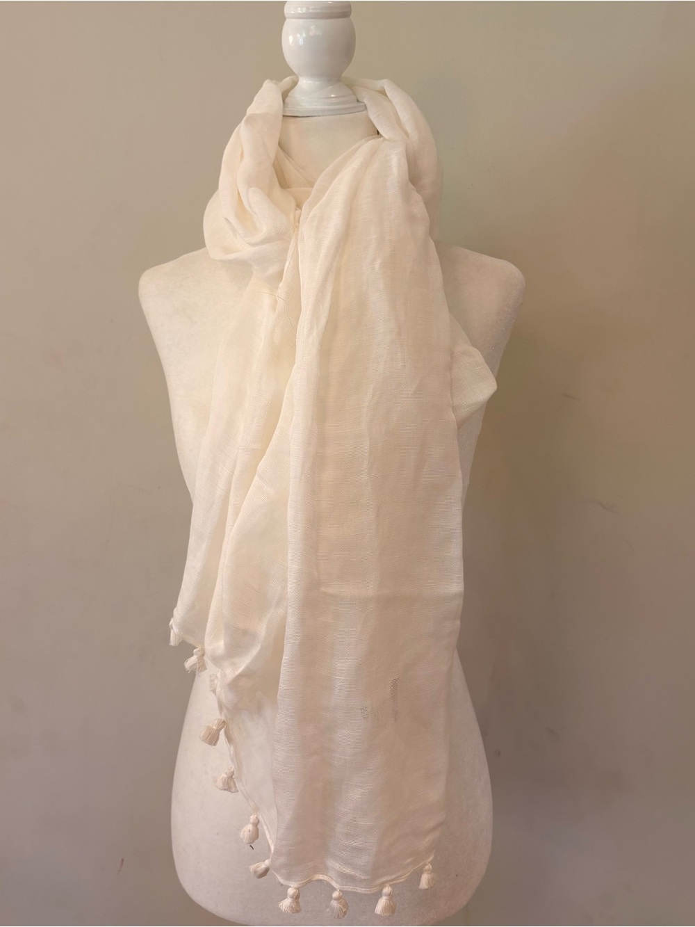 J. Crew Lightweight Linen Blend Ivory Semi-Sheer Tassel Scarf 74 x 31